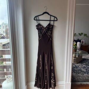 BCBGMaxAzria Brown Maxi Dress with Cream Embroidery